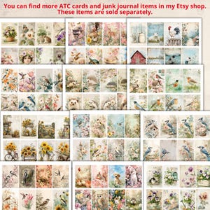 May include: A collection of rectangular paper cards featuring vintage-style illustrations of animals, birds, flowers, and rural landscapes in soft, muted tones. The cards are arranged in a grid layout, showcasing various nature-themed scenes.