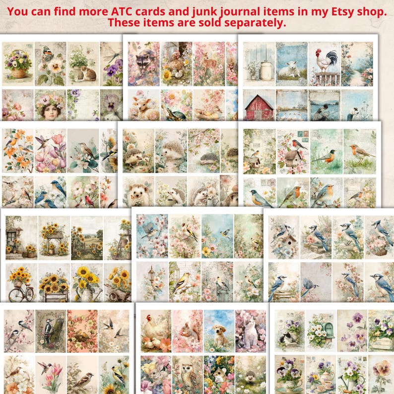 May include: A collection of rectangular paper cards featuring vintage-style illustrations of animals, birds, flowers, and rural landscapes in soft, muted tones. The cards are arranged in a grid layout, showcasing various nature-themed scenes.