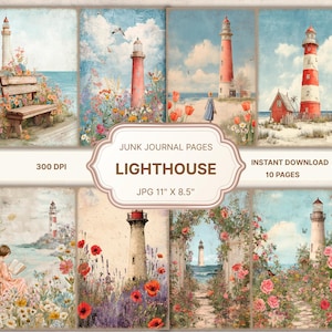 May include: A collection of ten digital junk journal pages featuring lighthouse illustrations. The pages showcase various lighthouses with floral and coastal elements. The image includes text that reads "LIGHTHOUSE" and "JPG 11" X 8.5".