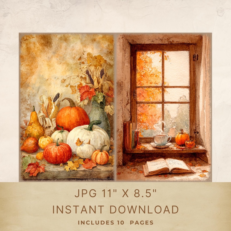 May include: A digital art print featuring two panels: one with a collection of orange and white pumpkins, gourds, and autumn leaves, and another showing a window view of fall foliage with a steaming cup and an open book. Text reads JPG 11" X 8.5".