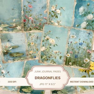 Könnte beinhalten: Digitale Junk-Journal-Seiten mit Vintage-Ästhetik. Die Seiten zeigen Aquarellillustrationen von Libellen, Blumen und Seerosen auf hellblauem Hintergrund. Der Text "Dragonflies" und "Junk Journal Pages" ist sichtbar.