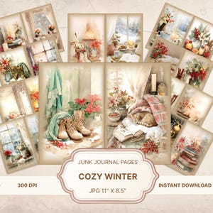 Może przedstawiać: Cyfrowe strony dziennika śmieciowego o przytulnym zimowym motywie. Strony zawierają akwarelowe ilustracje zimowych scen, w tym buty, poinsecje i śpiącego kota. Tekst "COZY WINTER" jest wyświetlany na ozdobnej etykiecie. Rozmiar obrazu to 27,94 cm x 21,59 cm.