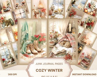 May include: A collection of digital junk journal pages with a cozy winter theme. The pages feature watercolor illustrations of winter scenes, including boots, poinsettias, and a sleeping cat. The text "COZY WINTER" is displayed on a decorative label. The image size is 11" x 8.5".