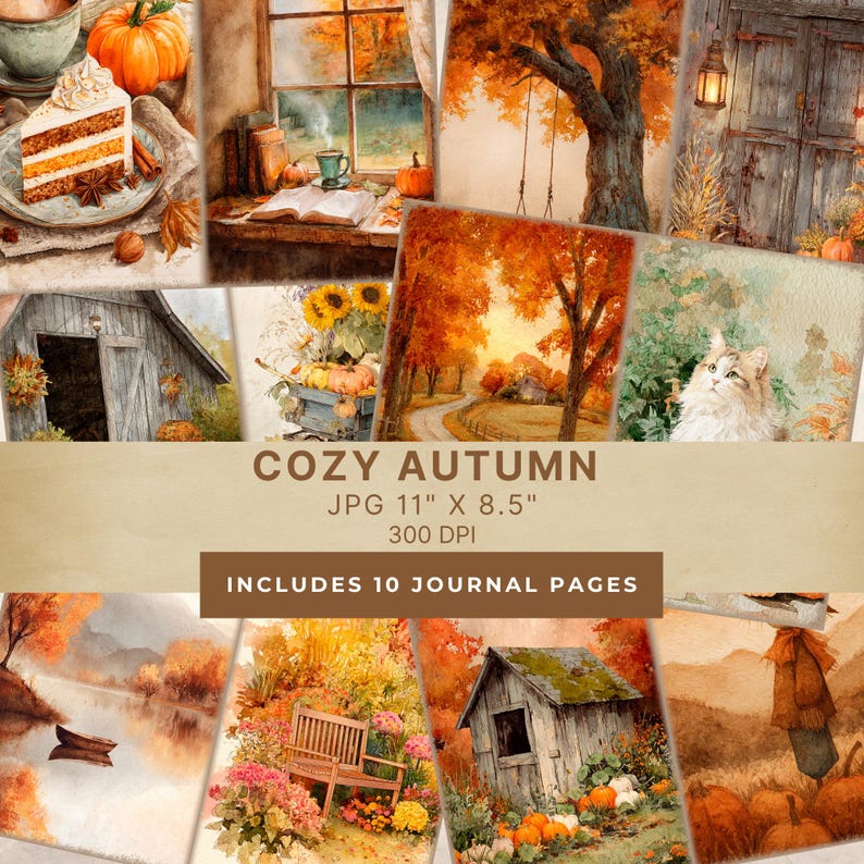 May include: A digital collection titled COZY AUTUMN JPG 11" X 8.5" 300 DPI INCLUDES 10 JOURNAL PAGES featuring watercolor illustrations of pumpkins, a slice of cake, autumn trees, a rustic barn, a cat, and a wooden bench in orange tones.