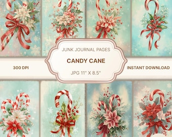 May include: Eight digital junk journal pages with a candy cane theme. Each page showcases a candy cane design with red and white stripes, decorated with red bows, poinsettias, and holly on a light blue backdrop. The text "CANDY CANE" is visible.
