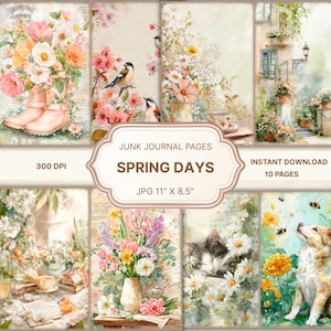 Könnte beinhalten: Eine Sammlung digitaler Junk-Journal-Seiten mit Frühlingsmotiven. Die Seiten zeigen Aquarellillustrationen von Blumen, Vögeln, einer Katze und einem Hund. Der Text "Spring Days" ist auf einem dekorativen Etikett zu sehen. Die Bildgröße beträgt 27,94 cm x 21,59 cm.