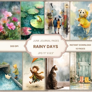 Puede incluir: Un collage digital de ilustraciones en acuarela con temática de días lluviosos. Las imágenes incluyen una pareja con paraguas, un perro con impermeable y niños jugando bajo la lluvia. El texto en la imagen dice "Junk Journal Pages Rainy Days" y "JPG 27,9 cm x 21,6 cm".