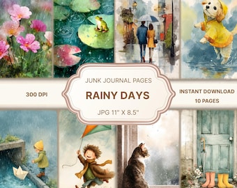 Rainy Day Junk Journal, lente-ephemera, plakboekcollage regen, lente plakboek, digitale lentepagina's, buien april, stationaire lente