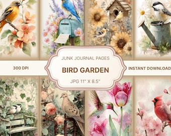 Bird Garden Junk Journal,Spring Pages,garden stationery,Bird Ephemera,garden scrapbook papers,nature junk journal,birds Digital Collage