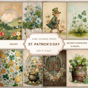 Könnte beinhalten: Eine Sammlung von Junk-Journal-Seiten zum Thema St. Patrick's Day. Die Seiten zeigen Illustrationen von Regenbogen, Kleeblättern, Kobolden und Goldtöpfen. Der Text auf den Seiten lautet "St. Patrick's Day", "Junk Journal Pages" und "Instant Download 12 Pages". Die Bildgröße beträgt 27,9 cm x 21,6 cm.