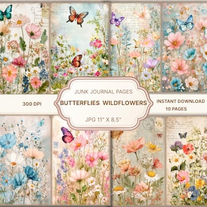 Könnte beinhalten: Eine digitale Collage von Junk-Journal-Seiten mit Schmetterlingen und Wildblumen. Die Seiten haben eine Vintage-Ästhetik mit sanften Pastellfarben, darunter Rosa, Blau und Gelb. Der Text auf den Seiten lautet "Junk Journal Pages", "Butterflies Wildflowers", "Instant Download 10 Pages" und "JPG 27,9 cm x 21,6 cm".