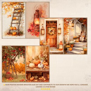 May include: A collection of six watercolor-style illustrations featuring autumn themes, including a ladder with pumpkins, a lit lantern, a wooden door with a wreath, a porch with steps, an apple tree with a ladder, and pumpkins on a wooden bench.