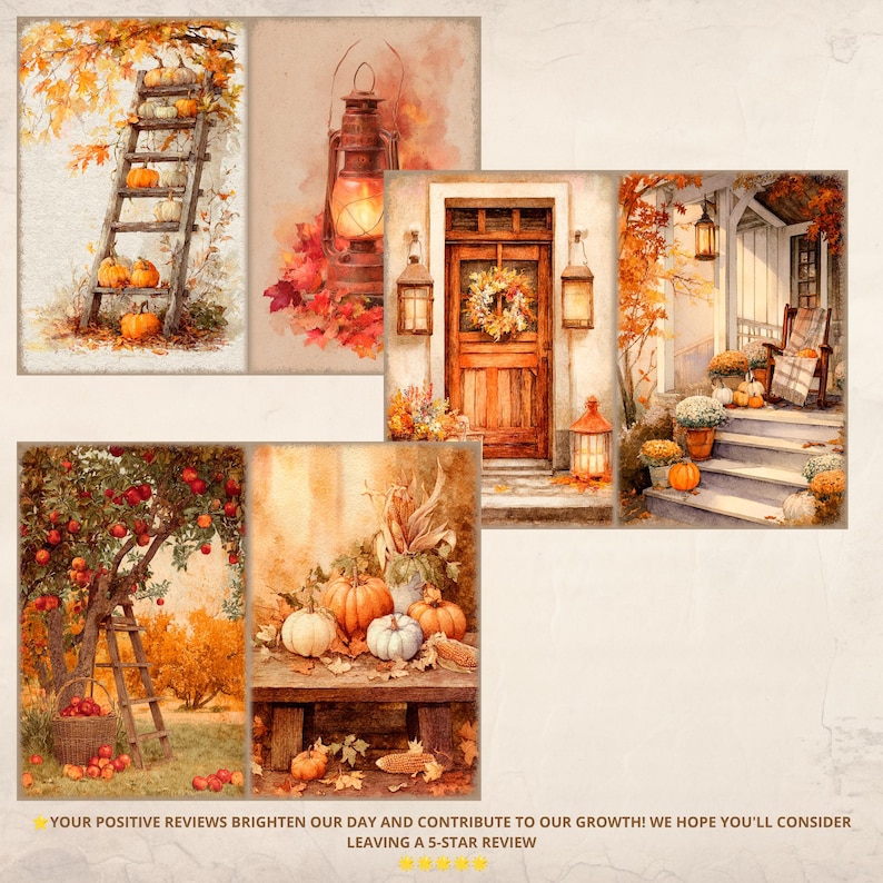 May include: A collection of six watercolor-style illustrations featuring autumn themes, including a ladder with pumpkins, a lit lantern, a wooden door with a wreath, a porch with steps, an apple tree with a ladder, and pumpkins on a wooden bench.