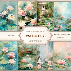 Water lily Junk Journal,lilies scrapbooking,flower ephemera,floral scrapbook paper,spring nature pages,lily collage sheet,floral shabby chic