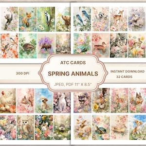 Tarjetas ATC de animales de primavera, diario de recortes de animales de primavera, efímeros de animales, tarjetas de scrapbooking, tarjeta de collage de animales, tarjeta de diario de animales, tarjeta de arte pequeña