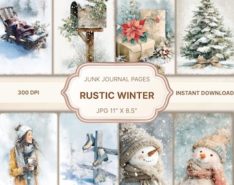 May include: Watercolor illustrations of winter scenes, including a mailbox, Christmas tree, and snowman. The text "Junk Journal Pages" and "Rustic Winter" are displayed. The image size is 11" x 8.5".