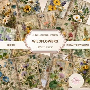 May include: A collection of junk journal pages featuring watercolor illustrations of wildflowers. The pages have a vintage aesthetic with handwritten script and postage stamp details. The text on the image reads "JUNK JOURNAL PAGES WILDFLOWERS JPG 11" X 8.5" INSTANT DOWNLOAD".