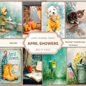 Diario basura con lluvia de primavera, efímeras de días lluviosos, páginas cottagecore, papel para álbum de recortes de primavera, hojas de collage de primavera, lluvia floral, diario shabby chic