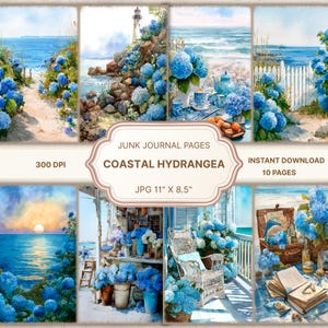 May include: A collection of ten digital junk journal pages featuring watercolor illustrations of coastal scenes with blue hydrangea flowers, lighthouses, ocean views, and outdoor furniture, labeled as Coastal Hydrangea 11 inches by 8.5 inches.