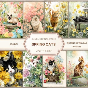 Puede incluir: Un collage digital con ilustraciones en acuarela de gatos en un entorno de jardín primaveral. La obra de arte incluye varias razas de gatos entre flores y follaje. El texto en la imagen dice "Junk Journal Pages Spring Cats" y "JPG 11" X 8.5"", con "Instant Download 10 Pages".
