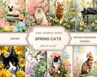 cats junk journal,Spring Cats Digital Paper,Spring Ephemera Kit,cats Scrapbook,Floral Digital Paper,Cat Journal Pages,Floral Cat Printables