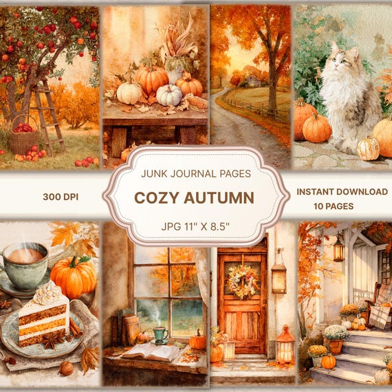 cozy autumn junk journal,fall junk journal,pumpkin journal kit,cottagecore autumn pages,autumn ephemera,autumn scrapbook,fall leaves paper