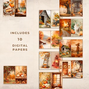 Embrace the warmth and charm of fall with this Cozy Autumn Junk Journal printable kit! This digital download features pumpkins, colorful autumn leaves, cozy cottages, warm beverages, vintage books, rustic porches, lanterns, and beautiful harvest-inspired designs perfect for junk journaling, scrapbooking, collage art, planners, card making, and DIY paper crafts. 
Simply print, cut, and use the pages to decorate journals, create tags, bookmarks, layered ephemera, and unique handmade keepsakes.