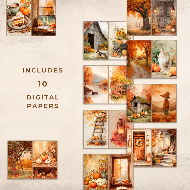 Embrace the warmth and charm of fall with this Cozy Autumn Junk Journal printable kit! This digital download features pumpkins, colorful autumn leaves, cozy cottages, warm beverages, vintage books, rustic porches, lanterns, and beautiful harvest-inspired designs perfect for junk journaling, scrapbooking, collage art, planners, card making, and DIY paper crafts. 
Simply print, cut, and use the pages to decorate journals, create tags, bookmarks, layered ephemera, and unique handmade keepsakes.