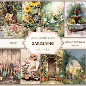 May include: A digital collage of junk journal pages with a gardening theme. The pages feature watercolor illustrations of gardens, flowers, and gardening tools. Text includes "Junk Journal Pages", "Gardening", "Instant Download", and "JPG 27.9 cm x 21.6 cm".
