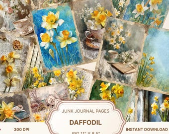 Daffodil Junk Journal,Flowers Junk Journal,Vintage Daffodils Junk Journal Pages,flower Collage Sheet,Daffodil Digital Paper,Floral Scrapbook