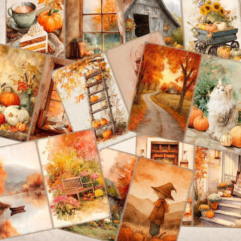 May include: A collection of watercolor-style illustrations featuring autumn themes, including pumpkins, fall foliage, a rustic barn, a cat, a scarecrow, a wooden bench, and a wagon filled with sunflowers, all rendered in warm orange, yellow, and brown tones.