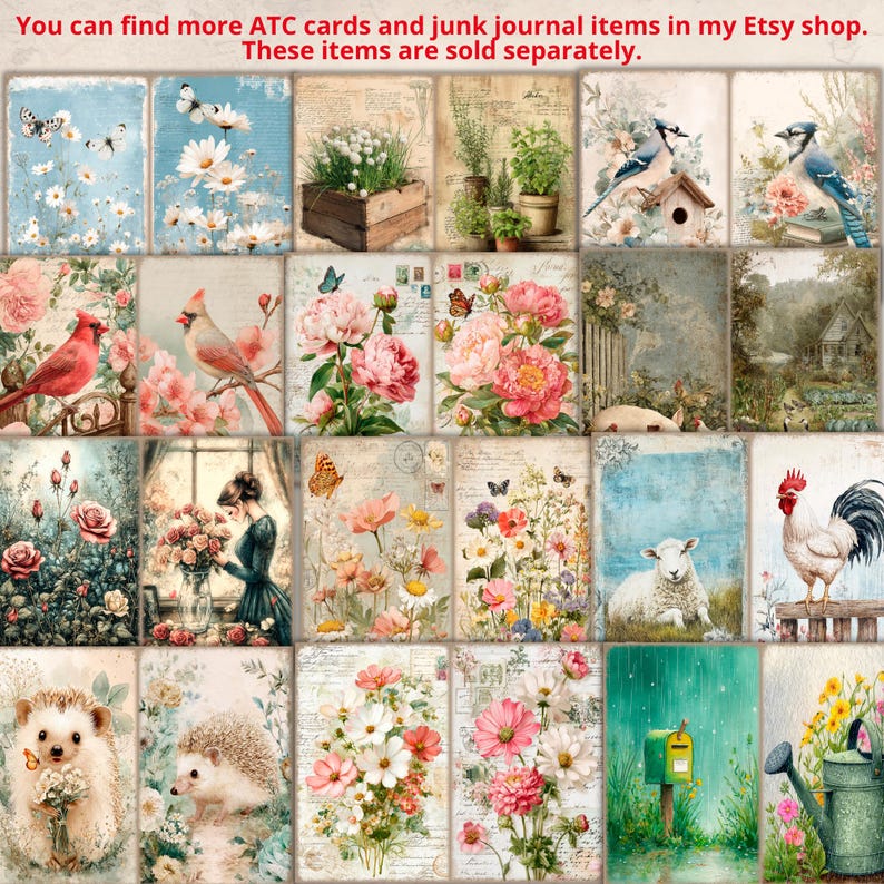 May include: A collection of twenty rectangular cards featuring vintage-style illustrations of flowers, birds, hedgehogs, a sheep, a rooster, and a garden scene. The designs include butterflies, greenery, and soft pastel color palettes.