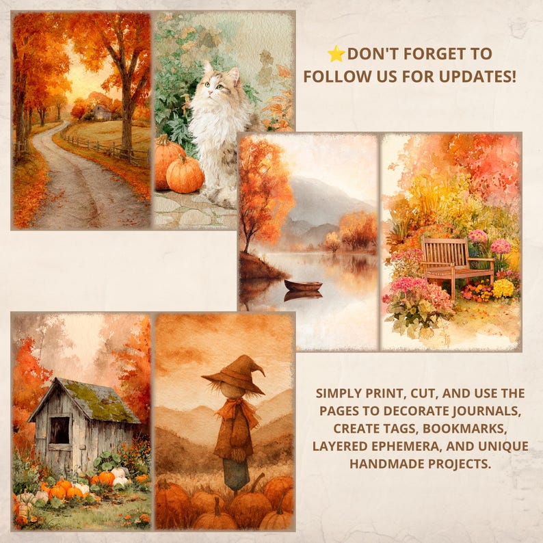 May include: A collection of six rectangular autumn-themed digital art prints featuring a country road, a cat with pumpkins, a lake with a boat, a garden bench, a small wooden shed, and a scarecrow. Text reads: DON'T FORGET TO FOLLOW US FOR UPDATES!