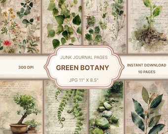 Grüne Botanik Junk Seiten, Vintage botanisches Papier, Natur Journaling, Botanische Pflanzen Journal, Botanisches Grün Junk Journal, Natur Ephemera