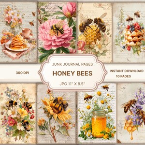Könnte beinhalten: Eine Sammlung von zehn digitalen Junk-Journal-Seiten mit Aquarellillustrationen von Honigbienen, Blumen und Lebensmitteln. Die Seiten sind 27,94 cm x 21,59 cm groß und enthalten den Text "Honey Bees" und "Instant Download 10 Pages".