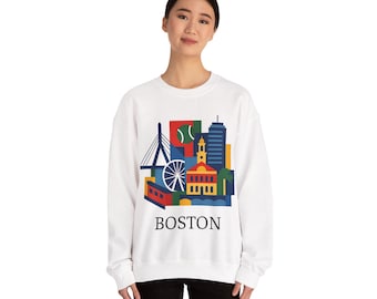 Sudadera con cuello redondo e ilustración del horizonte de Boston / Gráfico de monumentos de la ciudad