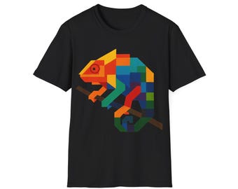Camiseta unisex de camaleón colorido, camiseta gráfica vibrante, ropa informal, regalo para amantes de la naturaleza, moda ecológica, estilo veraniego.