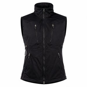 May include: A black sleeveless vest featuring a high collar, a full-length front zipper, and four zippered pockets on the front. The garment includes a small silver-toned metal carabiner attached to the side and has a structured, fitted design.