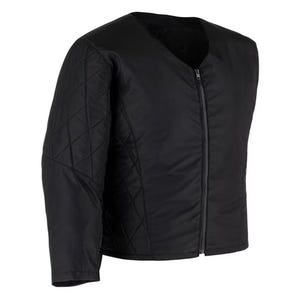 May include: A black quilted jacket featuring a V-neckline and a full-length front zipper closure. The sleeves and side panels display a diamond-shaped stitched pattern, while the main body panels remain smooth and unquilted.