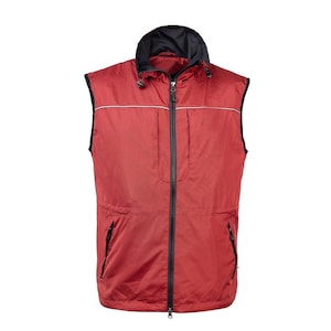 May include: A red vest with a black zipper and a black hood. The vest has a reflective stripe across the chest and two side pockets. The vest is sleeveless and appears to be made of a lightweight, water-resistant material.