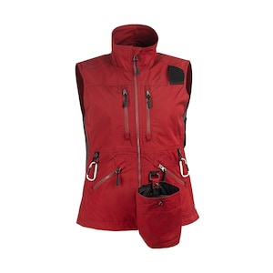 May include: Red vest with multiple zippered pockets, a high collar, and a detachable pouch. The vest has black accents on the shoulders and sides, and white carabiner clips are attached to the front. A practical and functional outdoor vest.