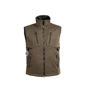 Può includere: Un gilet marrone con colletto nero e cerniere nere. Il gilet ha più tasche e una cerniera a tutta lunghezza sul davanti. Il gilet senza maniche sembra essere realizzato in un materiale resistente e resistente alle intemperie.
