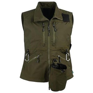 May include: Olive green vest with multiple zippered pockets, a black patch, and two silver carabiner clips. The vest has a full-length zipper and a drawstring pouch attached at the bottom. The vest is designed for outdoor activities.