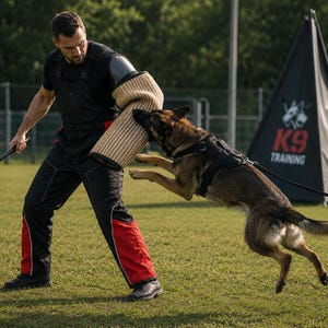 May include: A German Shepherd dog wearing a black harness jumps to bite a tan, textured bite sleeve worn on the arm of a person dressed in black and red protective gear. A black baton is held in one hand, and a black K9 TRAINING pyramid tent stands nearby.
