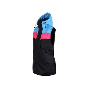 May include: A sleeveless hooded vest featuring a color-blocked design with a black lower section, a horizontal hot pink stripe across the chest, and a light blue upper section and hood. The vest includes a full-length front zipper and drawstrings.