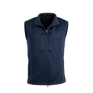 May include: A navy blue fleece vest with a full-length zipper and a stand-up collar. The vest has two zippered chest pockets and two side pockets. The vest is sleeveless and has a soft, textured appearance.
