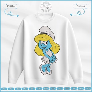 Könnte beinhalten: Weißes Sweatshirt mit einem gestickten Schlumpfine-Design. Die Schlumpfine-Figur ist mit blauer Haut, blonden Haaren und einem weißen Kleid dargestellt. Das Sweatshirt hat einen Rundhalsausschnitt und lange Ärmel. Der Text "13 Dateien" und "3 Größen" ist ebenfalls zu sehen.
