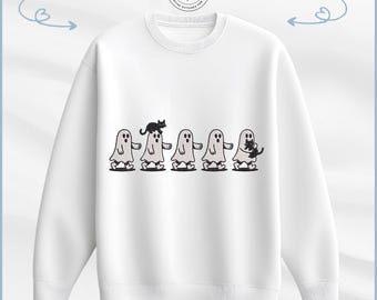Diseño de bordado de fantasmas con gatos: 13 archivos, 3 tamaños. Punto de Halloween espeluznante y adorable.