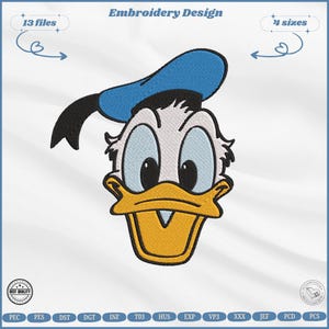 May include: Embroidery design featuring a cartoon duck's head with a blue hat and yellow beak. The design includes the text "Embroidery Design", "13 files", and "4 sizes". The image has a "Best Quality" seal and various file type abbreviations.