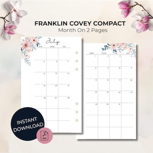 Franklin Covey Compact Planner Inserts: Month on 2 Pages | Dated + Undated (PDF Download)